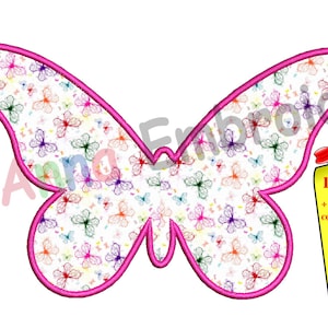 May include: A pink butterfly embroidery design with a white background and a pattern of smaller butterflies. The design is available in 14 sizes and includes 14 PDF design worksheets. The text "14 SIZES DESIGN + 14 PDF Design Worksheets! COLOR SEQUENCE CHART INCLUDING JUST FOLLOW THE GUIDELINES IN THE PDF FILE." is written on a yellow sticky note.