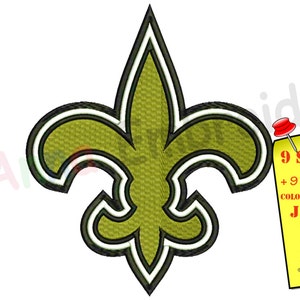 Pode incluir: Um design de bordado de flor-de-lis verde e branco com 9 tamanhos disponíveis. O design inclui 9 folhas de trabalho de design PDF e um gráfico de sequência de cores. O texto na imagem diz "9 SIZES DESIGN + 9 PDF Design Worksheets! COLOR SEQUENCE CHART INCLUDING JUST FOLLOW THE GUIDELINES IN THE PDF FILE. Anna Embroidery"