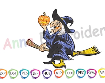 Halloween Witch Embroidery Design: Old Witch on Broom (Instant Download)