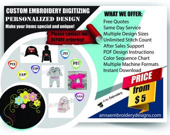 Custom Embroidery Digitizing, Personalized Design, Logo, Applique, Fonts