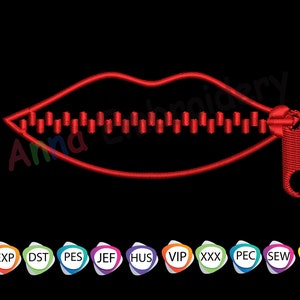 Puede incluir: Labios rojos con una cremallera cerrada sobre ellos. El tirador de la cremallera es rojo y tiene un bucle. La imagen incluye el texto "14 SIZES DESIGN + 14 PDF Design Worksheets! COLOR SEQUENCE CHART INCLUDING JUST FOLLOW THE GUIDELINES IN THE PDF FILE." y el texto "EXP DST PES JEF HUS VIP XXX PEC SEW VP3".