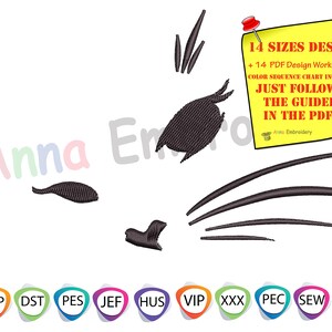 Puede incluir: Ilustración de la cara de un gato, con elementos bordados en negro sobre un fondo blanco. Incluye bigotes, orejas y otros rasgos faciales. Una nota adhesiva amarilla con texto está fijada a la imagen. El texto dice "14 SIZES DESIGN".