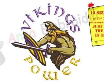 May include: Embroidered design featuring a Viking warrior with a sword and shield, encircled by the words "Vikings Power" in purple and gold. A yellow sticky note with text about design sizes and guidelines is pinned to the image.