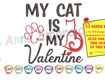 Valentine Cat Embroidery Design, Crazy Cat Lady Gift (Digital Download)