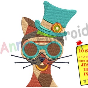 May include: An embroidered cat design with a top hat and goggles. The cat is brown, orange, and teal, with black whiskers. A yellow sticky note with text is pinned to the right. A magic hat is on the left.