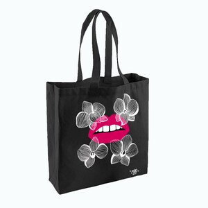 May include: Black tote bag with a pink and white graphic of a pair of lips with white orchid flowers. The bag has the text "=MAR= CO" in white at the bottom.