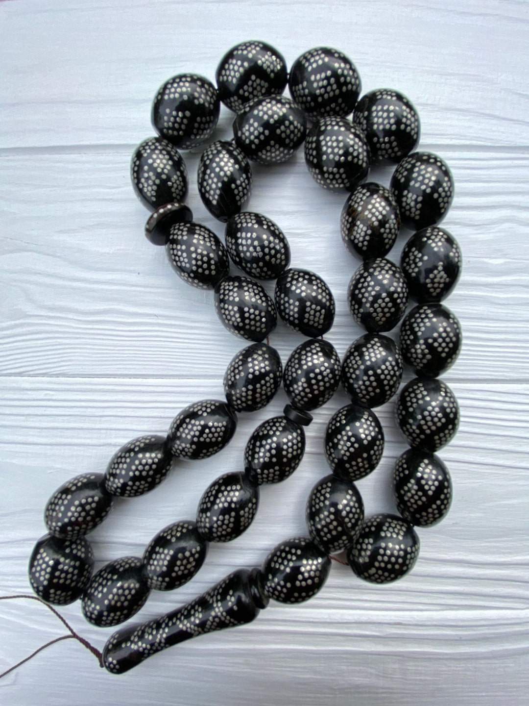 Antique Yemenite Natural Genuine LARGE Black Coral Silver Inlay