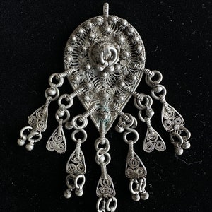 Antique Yemenite Jewish Bowsani Silver Filigree & Granulated Pendant - Hallmark