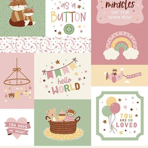 May include: A collage of baby-themed illustrations in pastel colors. It includes a fox family, a rainbow, a mobile, a basket of toys, a train, and text that reads "Cute as a Button," "Hello World," and "Welcome Baby." The overall theme is a baby shower.