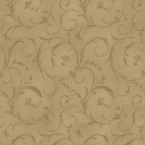 May include: A seamless wallpaper pattern featuring a repeating design of swirling, stylized floral vines in shades of gold and tan. The background has a subtle textured appearance, creating a classic and elegant aesthetic.