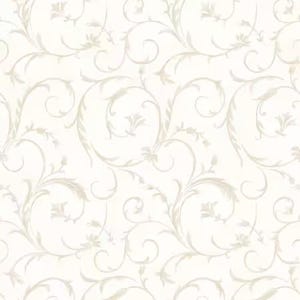 May include: A wallpaper featuring a repeating pattern of light beige swirling vines and delicate floral motifs set against a solid off-white background. The design consists of interconnected organic curves and leaves in a soft, neutral color palette.