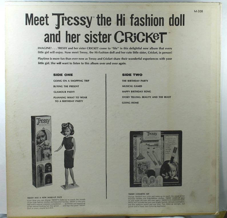 May include: A vintage record album cover featuring the Tressy doll and her sister Cricket. The cover is white with black text and images of the dolls. The album is titled "Meet Tressy the Hi fashion doll and her sister Cricket". The text on the cover describes the album's contents, including songs and stories about the dolls. The album is from the 1960s.