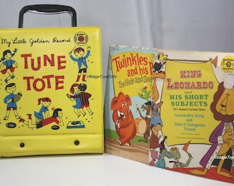 Vintage 1960s  Little Golden Record Tune Tote And Two Illustrated Sleeve Yellow Vinyl Singles