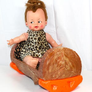 Vintage 1963 Ideal Toys &quot;Baby Pebbles Flintstone&quot; Doll & &quot;Log Cradle&quot;...Adorable!