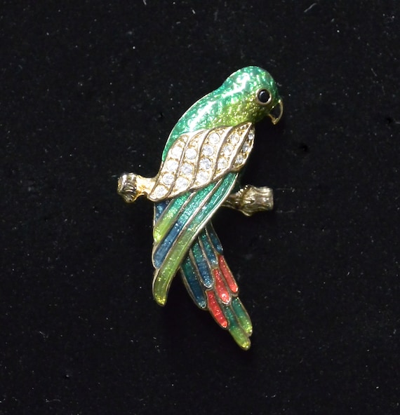 Vintage Monet Enamel and Rhinestone Parrot Brooch… - image 2