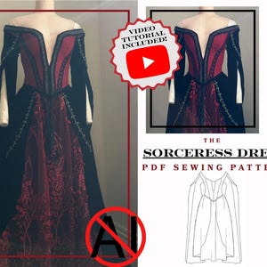 May include: A floor-length dress featuring a deep V-neckline, off-the-shoulder sleeves, and a black bodice with red panels. The skirt has a red floral lace overlay. Text includes: THE SORCERESS DRESS PDF SEWING PATTERN, PDF with instructions sizes US 2-28.