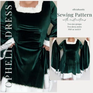 Puede incluir: Un vestido de terciopelo verde oscuro con ribete de piel sintética blanca y mangas largas. El vestido tiene un escote cuadrado y está etiquetado como "OPHELIA DRESS". La imagen también incluye un patrón de costura con instrucciones.