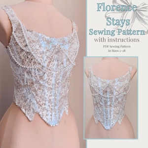 Puede incluir: Un corpiño de cuentas azul claro y blanco con cuello cuadrado, exhibido en un maniquí. El corpiño está adornado con lentejuelas y perlas, y el texto dice "Florence Stays Sewing Pattern with instructions."