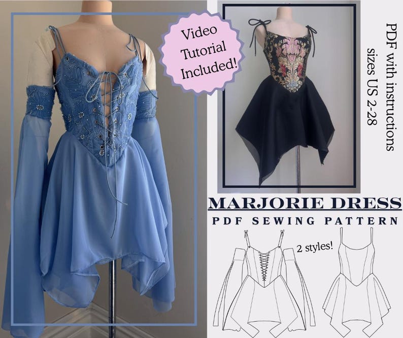 Puede incluir: Un vestido azul claro con corpi&ntilde;o con cordones y mangas largas, exhibido en un maniqu&iacute;. La imagen incluye una imagen m&aacute;s peque&ntilde;a de un vestido negro con bordados florales. El texto dice "MARJORIE DRESS PDF SEWING PATTERN" y "Video Tutorial Included!"