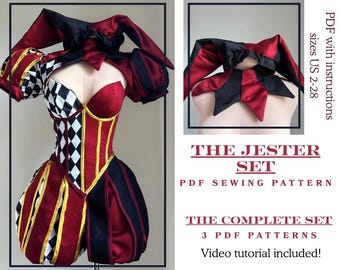 Patrón de costura en PDF del conjunto Jester. 3 patrones disponibles en tallas estadounidenses de la 2 a la 28. Incluye videotutorial completo.