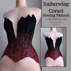 Può includere: Un corsetto senza spalline con scollatura a V profonda, esposto su un manichino. Il corsetto presenta un design sfumato nero e rosso, con un motivo strutturato. L'immagine include il testo "Emberwing Corset Sewing Pattern with instructions".