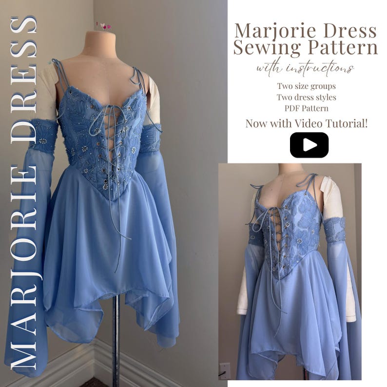 Puede incluir: Un vestido azul claro con corpi&ntilde;o con cordones y falda fluida, exhibido en un maniqu&iacute;. El vestido tiene mangas largas acampanadas y tirantes delicados. El texto "Marjorie Dress Sewing Pattern" es visible.