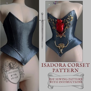 Può includere: Un corsetto grigio scuro con un design strutturato, esposto su un manichino. Il corsetto presenta una forma unica ed è impreziosito da dettagli color oro e un dettaglio a forma di cuore rosso. Il testo sull'immagine recita "ISADORA CORSET PATTERN" e "PDF SEWING PATTERN WITH INSTRUCTIONS."