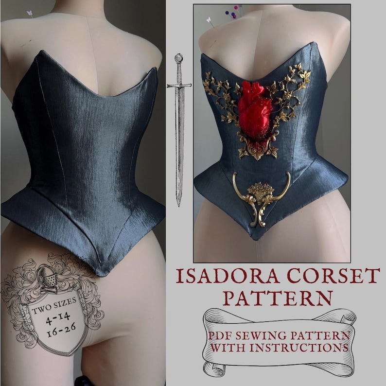 Puede incluir: Un cors&eacute; gris oscuro con un dise&ntilde;o estructurado, exhibido en un maniqu&iacute;. El cors&eacute; presenta una forma &uacute;nica y est&aacute; adornado con detalles dorados y un detalle en forma de coraz&oacute;n rojo. El texto en la imagen dice "ISADORA CORSET PATTERN" y "PDF SEWING PATTERN WITH INSTRUCTIONS."