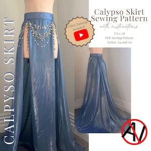 May include: A blue floor-length skirt with a high front slit and decorative gold-toned chain embellishments. The text reads Calypso Skirt Sewing Pattern with instructions, US 2-28, PDF Sewing Pattern, Letter, A4 and A0, and Video Tutorial Included.