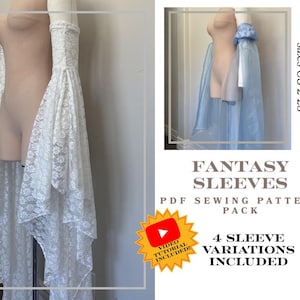 May include: A PDF sewing pattern pack for fantasy sleeves, featuring text that reads FANTASY SLEEVES, PDF SEWING PATTERN PACK, 4 SLEEVE VARIATIONS INCLUDED, and PDF with instructions sizes US 2-28. The image displays white lace and blue sheer sleeves.