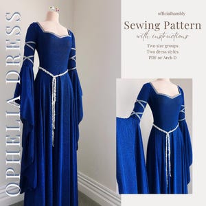 Può includere: Un lungo abito blu reale con scollatura quadrata e maniche lunghe a campana. L'abito presenta dettagli argentati sulle maniche e sullo scollo, e una cintura di perline bianca. Il testo "OPHELIA DRESS" è a sinistra e "Sewing Pattern with instructions" a destra.