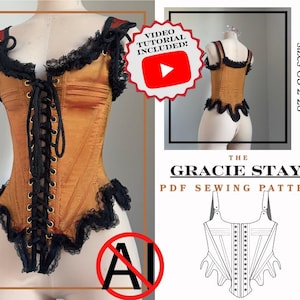 Peut inclure: Un corset brun doré avec une bordure en dentelle noire, doté d'un laçage frontal avec cordon noir et œillets dorés. Le texte indique : PDF with instructions sizes US 2-28, THE GRACIE STAYS PDF SEWING PATTERN, et VIDEO TUTORIAL INCLUDED.