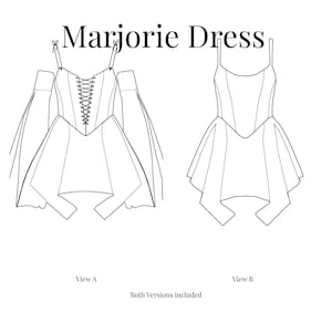 Puede incluir: Dibujo lineal del "Vestido Marjorie" en dos vistas. La vista A presenta un corpi&ntilde;o con cordones en la parte delantera, mangas con hombros descubiertos y una falda acampanada. La vista B muestra un vestido similar con tirantes finos y una falda acampanada. Ambas versiones est&aacute;n incluidas.