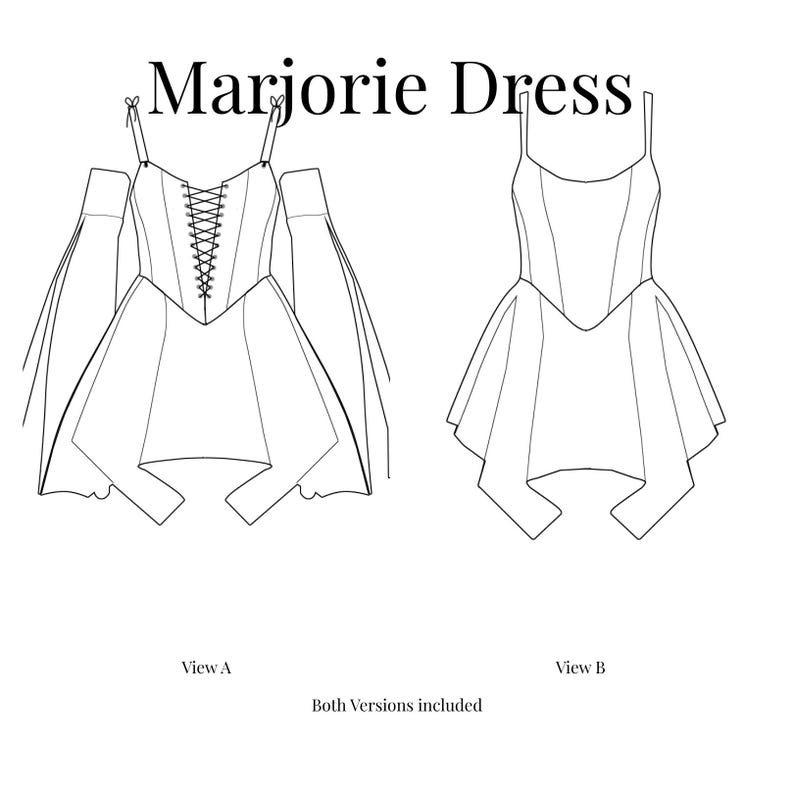 Puede incluir: Dibujo lineal del "Vestido Marjorie" en dos vistas. La vista A presenta un corpi&ntilde;o con cordones en la parte delantera, mangas con hombros descubiertos y una falda acampanada. La vista B muestra un vestido similar con tirantes finos y una falda acampanada. Ambas versiones est&aacute;n incluidas.