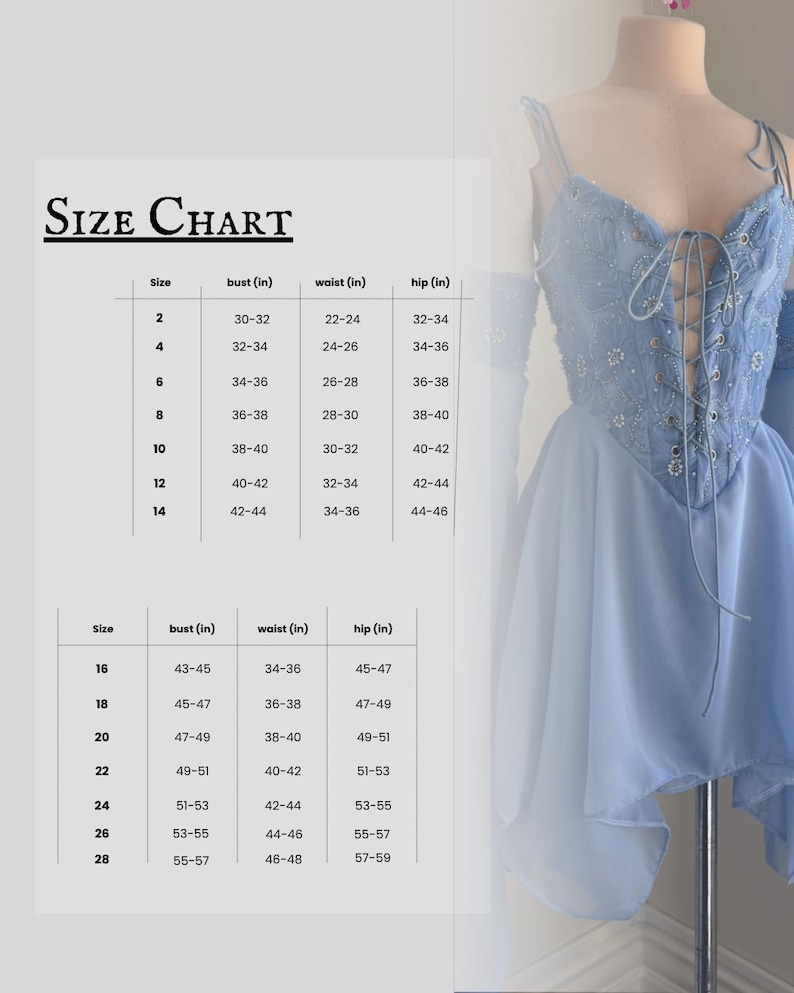 Puede incluir: Un vestido azul claro con un corpi&ntilde;o estilo cors&eacute; y una falda fluida se muestra en un maniqu&iacute;. La imagen incluye una tabla de tallas con medidas de busto, cintura y cadera en pulgadas, que van desde la talla 2 hasta la 28.