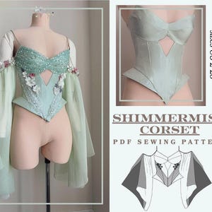 Puede incluir: Un corsé verde menta con un diseño de ojo de cerradura, adornado con lentejuelas y detalles florales, exhibido en un maniquí. El corsé tiene mangas largas y transparentes y forma parte de un patrón de costura PDF llamado "Shimmermist Corset."