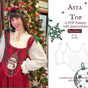 May include: A woman wearing a red plaid top with a snowman applique, a white blouse, and a red skirt. The image also shows a PDF pattern for the "Asta Top" with instructions and two size options.