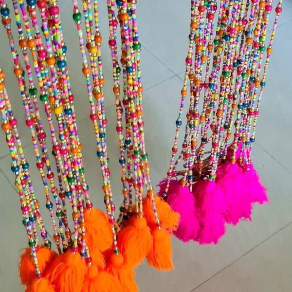 LIVRAISON GRATUITE - Rideaux bohèmes multicolores en perles de chevet, rideaux de perles multicolores pour porte pompons orange-rose fuchsia, Noël Diwali