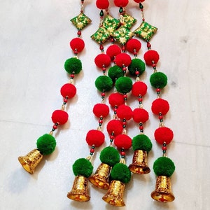 Handmade Red Green Pompom Bells Garland-Festival Strings Bohemian Home Decor Christmas Hangings Gifts Diwali Decoration Christmas Decoration