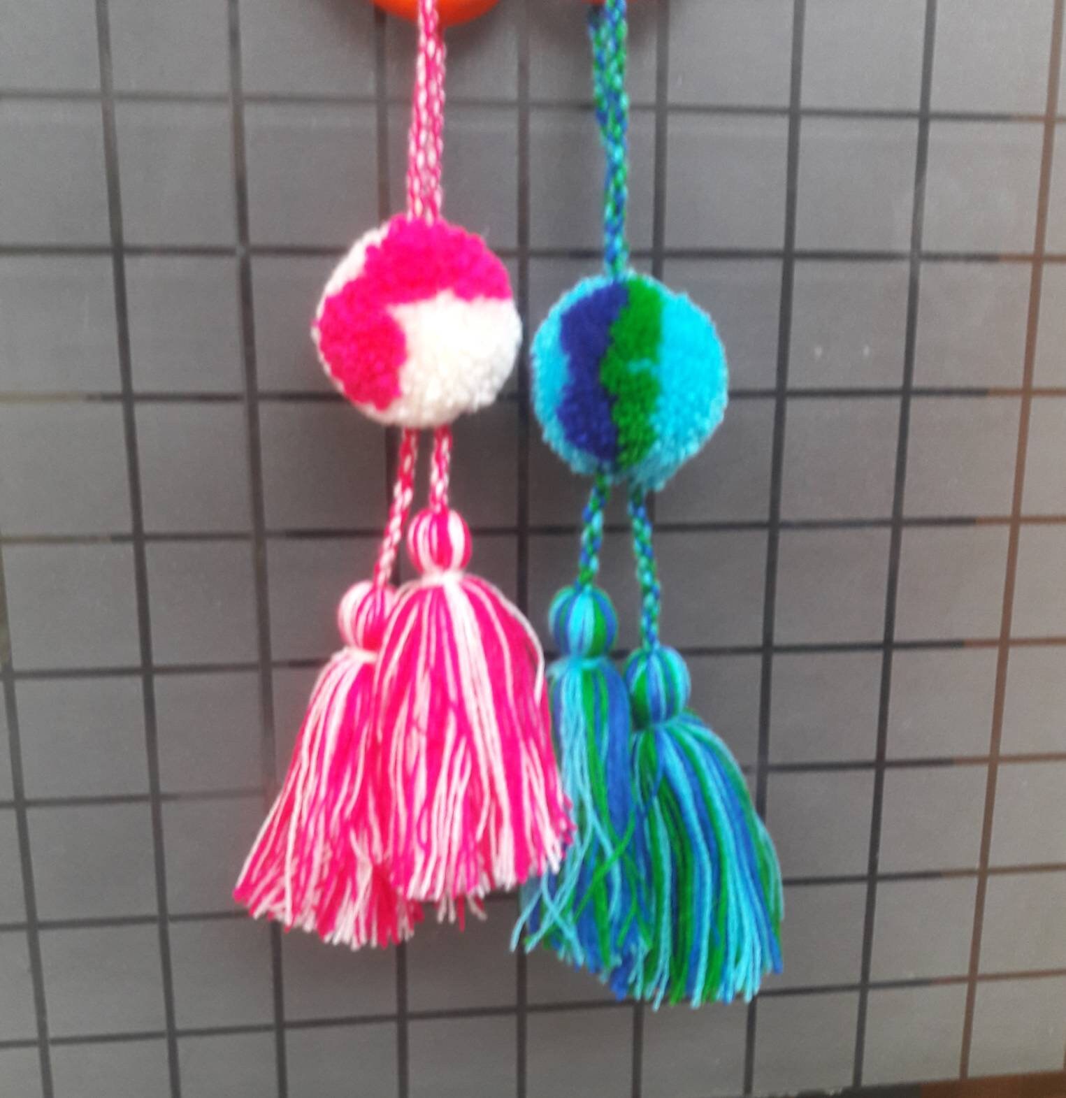 Pink and blue fabric bag charms, Tassels charms, Bag Accessory, door  hangings, home Decoration, tote bag charms, car mirror hanging charm