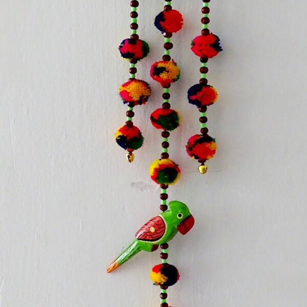 Wall hanging, door hangings, Indian traditional parrot & pompoms wall hanging, home Decor