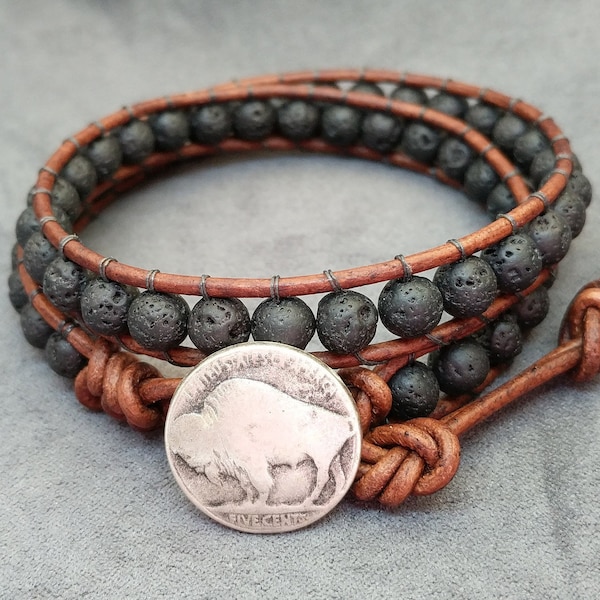 Lava Bead Bracelet, Native American Indian Bracelet, Bohemian Unisex Jewelry, Native American Inspired, Gift for Men, Womens Leather Wrap