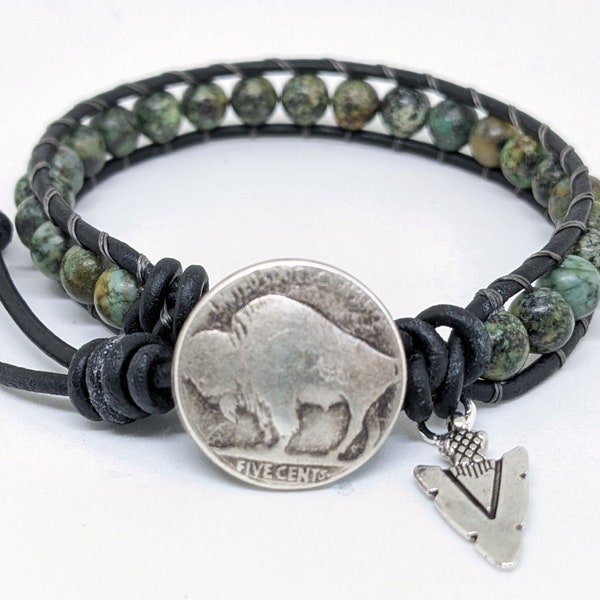 Buffalo Button Bracelet, Native American Style, Spirit Animal, African Turquoise Beaded Single Wrap, Mens Bracelet, Unisex Jewelry