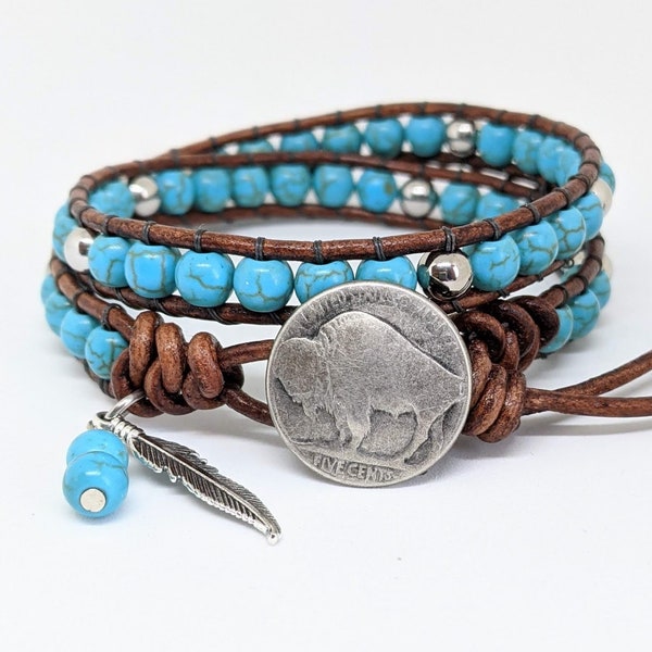 Buffalo Bracelet, Western Bracelet, Boho Beaded Bracelet, Native American Style Jewelry, Southwestern Wrap, Unisex Bracelet