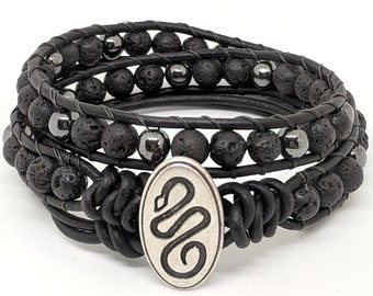 Men's Snake Bracelet, Lava Bead and Hematite Bracelet, Leather Wrap, Boho Bracelet, Rocker Bracelet, Gift for Him, Women's Bracelet