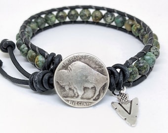 GENUINE Buffalo Nickel African Turquoise Bracelet, Men or Women's Handmade Wrap, Graduation Gift