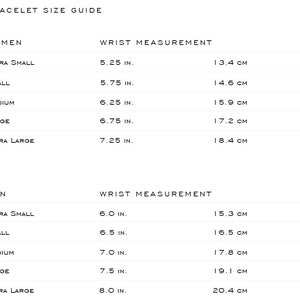 Pu&ograve; includere: Un grafico che mostra la guida alle taglie dei braccialetti per donne e uomini. Il grafico elenca le misure del polso in pollici e centimetri per le taglie extra small, small, medium, large ed extra large.