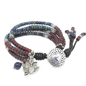 Heart Bracelet, Ruby Red and Lapis Blue Seed Beads, Womens Multi Strand Bracelet, Boho Leather Wrap, Best Holiday Gifts.