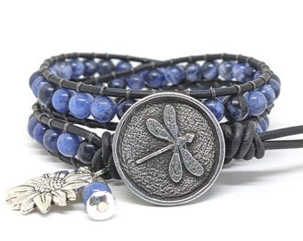 Dragonfly Beaded Leather Wrap Bracelet, Sodalite Bead Bracelet, Dragonfly Jewelry, Dragonfly Lover Gift