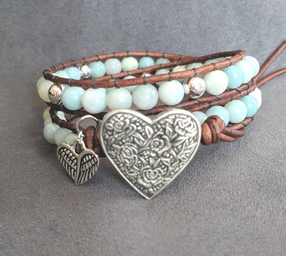 Boho Beaded Leather Bracelet, Amazonite Gemstone Bracelet, Leather Wrap Bracelet, Mothers Day Gifts